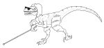 2024 bianca_(bybuckett) black_and_white blind cavemanon_studios claws dinosaur disability eyelashes eyewear fan_character female feral hair long_tail monochrome open_mouth reptile scalie sharp_teeth short_hair sketch snoot_game snout solo sunglasses tail teeth unknown_artist walking_cane