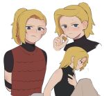  amphibia armor black_shirt blonde_hair blue_eyes drunkfood_d non-web_source ponytail red_armor sasha_waybright scar scar_on_cheek scar_on_face shirt sleeveless sleeveless_shirt 