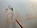  1girl art_tools_in_frame black_eyes blush breasts colored_pencil_(medium) completely_nude fuyuno_kamome head_rest highres hime_cut long_hair looking_at_viewer lying nude on_stomach original photo_(medium) small_breasts smile solo traditional_media very_long_hair 