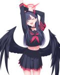  1girl :d ^_^ absurdres armband arms_up black_choker black_gloves black_sailor_collar black_serafuku black_skirt black_wings blue_archive blunt_bangs choker closed_eyes collarbone commentary english_commentary english_text feathered_wings gloves hair_ornament hairclip halo highres ichika_(blue_archive) long_hair long_sleeves looking_at_viewer low_wings navel neckerchief parted_bangs pleated_skirt red_armband red_halo red_neckerchief sailor_collar school_uniform serafuku shizudraw sidelocks simple_background skirt smile solo stomach stretching white_background wings 