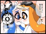  2girls @_@ blue_eyes blue_hair blush eromame goggles goggles_on_head hands_on_another&#039;s_shoulders headphones imminent_kiss inkling_girl inkling_player_character multiple_girls orange_eyes orange_hair splatoon_(series) splatoon_1 tentacle_hair twitter_username visible_air yuri 