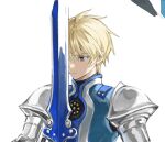  1boy armor blonde_hair blue_eyes closed_mouth commentary_request flynn_scifo holding holding_sword holding_weapon male_focus short_hair shoulder_armor simple_background solo sword tales_of_(series) tales_of_vesperia tiyi_(tiyi_a09) upper_body weapon white_background 