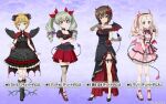  4girls :p akanbe anchovy_(girls_und_panzer) asymmetrical_legwear bell black_bow black_bowtie black_choker black_dress black_footwear black_horns black_ribbon black_shirt black_thighhighs black_wings blonde_hair blouse blue_background bob_cut boots bow bowtie brooch brown_eyes brown_hair cape character_name choker closed_mouth clothing_cutout collared_dress commentary_request crossed_arms cutlass_(girls_und_panzer) demon_horns demon_tail demon_wings dress drill_hair eyelid_pull fake_horns fake_tail fake_wings feathered_wings fishnet_gloves fishnet_thighhighs fishnets flower frilled_choker frilled_dress frilled_sleeves frills girls_und_panzer girls_und_panzer_senshadou_daisakusen! gloves green_eyes green_hair grey_gloves grin hair_flower hair_ornament hair_ribbon hand_on_own_chest high_heels highres horns jewelry layered_dress leg_ribbon long_dress low_wings marie_(girls_und_panzer) mary_janes medium_dress miniskirt mismatched_legwear multiple_girls neck_bell neck_ribbon necklace nishizumi_maho off-shoulder_dress off_shoulder official_alternate_costume official_art pink_dress pink_footwear pink_horns pink_wings puffy_short_sleeves puffy_sleeves reaching reaching_towards_viewer red_cape red_eyes red_footwear red_ribbon red_skirt ribbon shirt shoes short_dress short_hair short_sleeves shoulder_cutout side_slit skirt sleeveless sleeveless_dress smile star_(symbol) tail thighhighs tongue tongue_out twin_drills twintails watermark wings yellow_eyes 