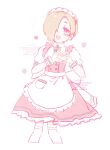  1girl apron blonde_hair blush cropped_legs dress food fruit hair_over_one_eye heart heart_hands highres idolmaster idolmaster_cinderella_girls maid maid_apron maid_headdress michi_kkp open_mouth pink_eyes shirasaka_koume short_hair sketch smile solo strawberry 