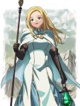 1girl blonde_hair brown_gloves cape cloud commentary_request dress elbow_gloves gloves grey_eyes holding holding_lantern holding_staff lantern long_hair looking_at_viewer mechnmechn mountain octopath_traveler octopath_traveler_i open_mouth ophilia_clement outdoors smile solo staff standing white_cape white_dress 