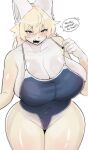 2023 anthro arms_bent bare_shoulders big_breasts biped black_nose black_text blonde_hair blue_eyes blue_one-piece_swimsuit blush blush_lines breasts cleavage clothed clothed_anthro clothed_female clothing collarbone dialogue embarrassed english_text eyebrow_through_hair eyebrows eyelashes fangs female female_anthro glistening glistening_arms glistening_breasts glistening_clothing glistening_ears glistening_hair glistening_shoulders glistening_swimwear glistening_thighs hair hair_between_eyes hi_res huge_breasts inner_ear_fluff looking_at_viewer mammal multicolored_body multicolored_clothing one-piece_swimsuit open_mouth portrait puri3301 red_tongue simple_background small_nose solo speech_bubble standing swimwear tan_body tan_hair teeth text thin_eyebrows three-quarter_portrait tongue translucent translucent_hair tuft two_tone_body two_tone_clothing two_tone_one-piece_swimsuit white_body white_breasts white_ears white_one-piece_swimsuit