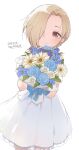  1girl blonde_hair blue_flower blue_rose blush bouquet dated dress ear_piercing flower fut4m1 hair_over_one_eye happy_birthday highres holding holding_bouquet idolmaster looking_at_viewer piercing red_eyes rose shirasaka_koume short_hair simple_background smile solo white_background white_dress white_flower white_rose 