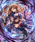  beatrix_(granblue_fantasy) breasts brown_eyes brown_hair cleavage gloves granblue_fantasy highres large_breasts lee_hyeseung long_hair looking_at_viewer midriff navel open_mouth ponytail solo thighhighs 