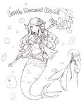  breasts bubble english_text fins full_body greyscale hand_up head_fins holding holding_staff jewelry league_of_legends long_hair looking_at_viewer mermaid momoko_(momopoco) monochrome monster_girl nami_(league_of_legends) navel raised_eyebrows scales smile staff star_ornament 