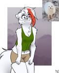 anthro arctic_fox arctica_(vixen_logic) belly_tuft black_nose blue_eyes bottomwear breasts canid canine cheek_tuft chest_tuft cleavage clothed clothing colored digital_media_(artwork) eyewear facial_tuft female fox foxboy83 fur glasses green_clothing green_shirt green_tank_top green_topwear hair hi_res highlights_(coloring) mammal midriff neck_tuft portrait red_hair red_highlights round_glasses shirt short_hair shorts simple_background solo standing tail tan_bottomwear tan_clothing tan_shorts tank_top three-quarter_portrait tootaloo topwear true_fox tuft vixen_logic white_body white_fur white_hair
