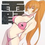  1girl arms_behind_back bare_arms bikini blush breasts cleavage closed_mouth collarbone cowboy_shot dead_or_alive flamingo_print kasumi_(doa) konishiki_(52siki) large_breasts long_hair looking_at_viewer navel orange_eyes orange_hair pink_bikini ponytail smile solo stomach striped_bikini striped_clothes swimsuit text_background very_long_hair white_background 