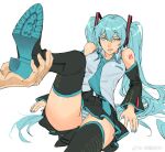  1girl 1other :o absurdres aqua_eyes aqua_hair aqua_nails aqua_necktie aqua_panties arm_support bare_shoulders black_footwear black_skirt black_sleeves blush boots breasts collared_shirt cowboy_shot detached_sleeves hair_between_eyes hair_ornament hatsune_miku high_heels highres holding_another&#039;s_foot leg_up long_hair long_sleeves looking_at_viewer medium_breasts miniskirt necktie on_ground open_mouth panties pantyshot pov pov_hands ruukii_drift shirt shoe_soles shoulder_tattoo sitting skirt sleeveless sleeveless_shirt solo_focus striped_clothes striped_panties sweat tattoo thigh_boots twintails underwear v-shaped_eyebrows very_long_hair vocaloid weibo_logo weibo_username white_panties white_shirt 