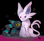 2024 3_toes ambiguous_gender big_ears black_background black_body black_ears black_eyes black_fur black_tail blue_inner_ear cheek_tuft colored digital_media_(artwork) digitigrade duo ear_markings eeveelution espeon eyelashes facial_markings facial_tuft feet felid feline feral forehead_gem forehead_markings forked_tail front_view full-length_portrait fur gem generation_2_pokemon grass head_markings kemono leg_markings long_ears long_tail looking_at_another looking_at_viewer lying mammal markings mekkyaru monotone_body monotone_fur monotone_tail mouthless multicolored_body multicolored_ears multicolored_fur multicolored_tail nintendo on_front pink_body pink_ears pink_fur pink_tail plant pokemon pokemon_(species) portrait pupils purple_grass purple_pupils purple_sclera quadruped red_pupils ring_(marking) ringed_tail shaded shiny_pokemon signature simple_background sitting slit_pupils star_polygon stare striped_markings striped_tail stripes tail tail_markings teal_body teal_ears teal_fur teal_markings teal_tail three-quarter_view toes tuft two_tone_body two_tone_ears two_tone_fur two_tone_tail umbreon unusual_anatomy unusual_tail white_eyes yellow_sclera