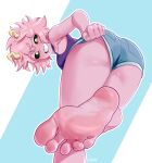  1girl absurdres artist_name ashido_mina ass barefoot bent_over black_sclera blue_background blue_shorts boku_no_hero_academia breasts colored_sclera colored_skin feet foot_focus foreshortening from_behind highres horns looking_at_viewer looking_back medium_breasts outline pink_hair pink_skin purple_tank_top short_shorts shorts soles solo staerk standing standing_on_one_leg tank_top teeth thighs toenails toes twitter_username two-tone_background white_background white_outline yellow_eyes 