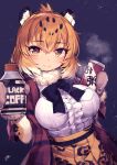  1girl animal_ear_fluff animal_ears animal_print belt black_belt black_hair blonde_hair bottle breasts can center_frills closed_mouth drink_can elbow_gloves fleur_de_lapin_uniform frills fur_collar fur_trim gloves hair_between_eyes hands_up hatagaya high-waist_skirt holding holding_bottle holding_can impossible_clothes impossible_shirt jaguar_(kemono_friends) jaguar_ears jaguar_print kemono_friends large_breasts light_blush looking_at_viewer medium_hair mittens multicolored_hair plastic_bottle print_gloves print_skirt scarf shirt shirt_tucked_in skirt smile solo upper_body white_hair white_shirt winter_clothes yellow_eyes 