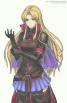  1girl artist_name belt black_gloves blue_skirt capelet clarisse_(fire_emblem) collar commentary commission curtained_hair elbow_gloves english_commentary fire_emblem fire_emblem:_new_mystery_of_the_emblem gloves gofelem high_collar long_hair purple_capelet red_collar second-party_source simple_background skirt solo standing twitter_username white_background 