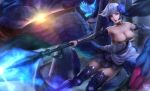  1girl bare_shoulders blue_hair blue_legwear breasts cleavage gwendolyn holding holding_spoon large_breasts limgae looking_at_viewer odin_sphere open_mouth polearm purple_eyes short_hair solo spear spoon thighhighs weapon 