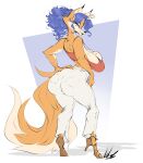 anthro blue_hair bottomwear breasts canid canine carmelita_fox cheek_tuft cleavage clothed clothing crop_top denim denim_bottomwear denim_clothing dullvivid facial_tuft female fluffy fluffy_tail footwear fox fur hair half-closed_eyes hi_res high_heels jeans mammal multicolored_body multicolored_fur narrowed_eyes orange_body orange_fur pants ponytail sagging_breasts shirt simple_background sly_cooper_(series) solo sony_corporation sony_interactive_entertainment sucker_punch_productions tail tan_body tan_fur tight_bottomwear tight_clothing tight_jeans tight_pants topwear tuft two_tone_body two_tone_fur