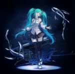  1girl absurdres aqua_eyes aqua_hair bare_shoulders detached_sleeves fish hatsune_miku headphones highres livetune long_hair necktie number_tattoo open_mouth pleated_skirt redjuice skirt smile solo tattoo thighhighs twintails very_long_hair vocaloid 