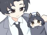  1boy 1girl animal_ears black_hair black_necktie blue_archive blue_halo blush_stickers brown_eyes chibi closed_mouth collared_shirt commentary_request grey_suit halo kikyou_(blue_archive) looking_at_another looking_at_viewer male_focus necktie sensei_(blue_archive) sensei_(blue_archive_the_animation) shirt short_hair simple_background smile suit umihio upper_body white_background white_shirt 