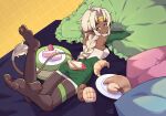  absurdres aisha_clanclan animal_ears bed braid bread cake cat_ears dark-skinned_female dark_skin feet food highres looking_at_viewer looking_back on_bed outlaw_star pillow single_braid soul_art12 white_hair 