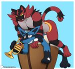  anthro anthro_on_anthro anthro_penetrated anthro_penetrating anthro_penetrating_anthro black_body black_ears black_fur black_tail blue_body blue_ears blue_fur bodily_fluids canid canine claws duo felid finger_claws from_behind_position fur generation_4_pokemon generation_7_pokemon genitals heart_eyes heart_symbol hi_res holding_musical_instrument holding_object incineroar lucario male male_penetrating mammal mouth_hold multicolored_body multicolored_fur musical_instrument nintendo penetration penis pokemon pokemon_(species) red_body red_fur sex spelunker_sal tail tears teeth two_tone_body two_tone_fur two_tone_tail yellow_sclera 