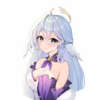  1girl aqua_eyes blue_hair breasts choker cleavage commentary detached_sleeves dress head_wings highres honkai:_star_rail honkai_(series) large_breasts long_hair purple_choker qoray7 robin_(honkai:_star_rail) solo strapless strapless_dress upper_body very_long_hair wings 