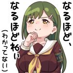  1girl arm_under_breasts armband breasts brown_dress brown_eyes closed_mouth collarbone commentary dot_nose dress green_armband green_hair hand_on_own_chin hasu_no_sora_school_uniform i_understand_everything_now_(meme) large_breasts link!_like!_love_live! long_hair long_sleeves looking_up love_live! meme neckerchief oogami_sachi outline sailor_collar sailor_dress school_uniform smile solo split_mouth straight_hair swept_bangs translation_request transparent_background v-shaped_eyebrows white_outline white_sailor_collar winter_uniform yellow_neckerchief zinzen 