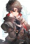  1boy 1other ahoge animal_on_shoulder arm_up bag belt bird bird_on_shoulder black_gloves brown_hair commentary_request endend_(shinia) english_commentary english_text gloves granblue_fantasy grin hair_between_eyes layered_sleeves light_blush looking_at_another male_focus messy_hair mixed-language_commentary official_alternate_costume pouch red_eyes sandalphon_(granblue_fantasy) sandalphon_(valentine)_(granblue_fantasy) shoulder_bag signature smile strap sweater turtleneck turtleneck_sweater upper_body white_sweater 
