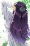  1girl adjusting_hair arms_up blunt_ends commentary_request dress fern_(sousou_no_frieren) from_behind fuku_dan hair_ornament leaf long_hair long_sleeves puffy_sleeves purple_hair sidelocks simple_background solo sousou_no_frieren tree upper_body white_background white_dress 