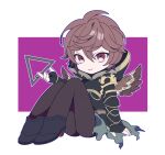  1boy ahoge arm_support arm_up armor boots breastplate brown_hair brown_wings cape chibi commentary_request feathered_wings fingerless_gloves full_body gloves granblue_fantasy green_cape hair_between_eyes high_heel_boots high_heels hood hood_down knees_up looking_at_viewer male_focus messy_hair pants red_eyes sandalphon_(granblue_fantasy) sitting smile solo_focus sweet_love4s tight_clothes tight_pants triangle_print wings 