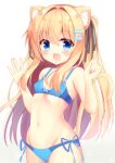  1girl :d animal_ear_fluff animal_ears bare_arms bikini black_ribbon blonde_hair blue_bikini blue_eyes blush bow bow_bikini breasts cat_ears cat_girl cat_tail cowboy_shot fang gradient_background groin hair_ornament hair_ribbon hairclip hands_up highres hiragana_iroiro long_hair looking_at_viewer navel open_mouth original ribbon side-tie_bikini_bottom sidelocks skin_fang small_breasts smile solo straight_hair swimsuit tail two_side_up white_background 