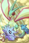  antennae artist_name biting biting_another&#039;s_tail blue_skin cccp224 claws colored_skin commentary_request dust_cloud flygon gible green_skin highres no_humans outdoors pokemon pokemon_(creature) pupitar red_eyes sand sharp_teeth tail teeth twitter_username wings 