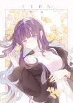  1girl black_robe blunt_bangs blunt_ends breasts character_name closed_mouth collar dress emo_(ricemo) fern_(sousou_no_frieren) frilled_collar frills ginkgo_tree hand_on_own_chest holding holding_leaf leaf long_hair long_sleeves looking_at_viewer lying on_back purple_eyes purple_hair robe sidelocks smile solo sousou_no_frieren twitter_username upper_body 
