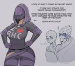  ! 1boy 2girls alien asari_(mass_effect) black_eyes black_shirt blue_sclera bodysuit breasts colored_sclera dogged embarrassed english_commentary english_text fewer_digits garrus_vakarian helmet highres hood hood_up large_breasts liara_t&#039;soni looking_at_viewer mass_effect_(series) multiple_girls purple_bodysuit purple_eyes quarian shirt tali&#039;zorah tentacle_hair turian 