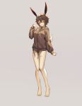  1girl absurdres animal_ears barefoot breasts brown_hair brown_hoodie commission corruption full_body grey_background half-closed_eyes hand_on_own_chest highres hood hoodie liquid looking_at_viewer medium_breasts naughty_face original rabbit_ears rabbit_girl rabbit_tail shen_hai_ichigo short_hair solo standing tail variant_set yellow_eyes 