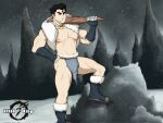  1boy avatar_legends bara black_hair bolin caveman commentary english_commentary green_eyes grin highres leg_up male_focus muscular muscular_male navel nipples official_alternate_costume one_eye_closed pectorals pelvic_curtain short_hair smile snowing solo standing stomach the_legend_of_korra thick_eyebrows thighs vispa_king 