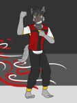 abstract_background anthro anthrofied barefoot bottomwear clothed clothing feet fist flexing flexing_bicep full-length_portrait fuze generation_3_pokemon hi_res male nintendo pants pawl_(fuze) pokemon pokemon_(species) pokemorph poochyena portrait shirt sleeveless_hoodie solo t-shirt topwear