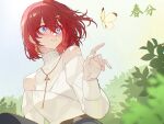  1girl ange_katrina bare_shoulders blue_eyes bug butterfly closed_mouth earrings highres jewelry kamitoge_supino long_sleeves looking_at_animal medium_hair nijisanji red_hair shirt single_hair_intake smile solo translation_request upper_body virtual_youtuber white_shirt yellow_butterfly 