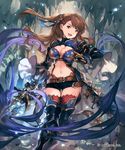  beatrix_(granblue_fantasy) breasts brown_eyes brown_hair cleavage gloves granblue_fantasy highres large_breasts lee_hyeseung long_hair looking_at_viewer midriff navel open_mouth ponytail smile solo sword thighhighs weapon 