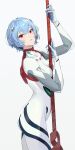  1girl absurdres ayanami_rei between_breasts birthday blue_hair bodysuit breasts commentary cowboy_shot eyelashes hair_between_eyes highres holding holding_weapon interface_headset lance_of_longinus_(evangelion) looking_at_viewer medium_breasts neon_genesis_evangelion parted_lips pilot_suit plugsuit rebuild_of_evangelion red_eyes simple_background solo standing takamiya2222 two-handed weapon white_background white_bodysuit 