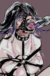  1boy animal_collar black_collar black_hair brown_background collar colored_inner_hair commentary_request danganronpa_(series) danganronpa_v3:_killing_harmony male_focus me_(lililico) medium_hair mouth_guard multicolored_hair oma_kokichi partial_commentary purple_eyes purple_hair restrained reverse_ryona saliva shaded_face simple_background solo straitjacket studded_collar teeth tickle_torture tickling tongue tweezers upper_body upper_teeth_only 