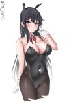  1girl alternate_breast_size animal_ears asashio_(kancolle) bare_shoulders black_hair black_leotard black_pantyhose blue_eyes blush breasts covered_navel detached_collar fake_animal_ears hair_between_eyes highres kantai_collection leotard long_hair looking_at_viewer medium_breasts neckerchief open_mouth pantyhose playboy_bunny rabbit_ears solo strapless strapless_leotard tf_cafe white_background wrist_cuffs 