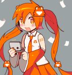 1girl alternate_color blush collared_shirt commentary english_commentary flipnote_studio handheld_game_console hatsune_miku headset highres koafreedraw long_hair looking_at_viewer low-tied_long_hair microphone necktie nintendo_dsi open_mouth orange_eyes orange_hair orange_necktie orange_skirt shirt skirt smile solo twintails very_long_hair vocaloid white_shirt 