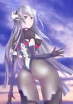  1girl armor artist_request ass blue_eyes blush bodysuit breasts elbow_gloves from_behind gloves headgear horizon_ariadust kyoukaisenjou_no_horizon large_breasts long_hair looking_back pantyhose parted_lips shiny shiny_clothes shiny_hair sideboob silver_hair solo thighhighs very_long_hair 