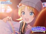  1girl :d beanie blonde_hair blue_eyes blurry blurry_background book car_interior commentary_request hachimiya_meguru hat highres idolmaster idolmaster_shiny_colors long_hair official_art open_mouth portrait smile solo twilight upper_body 