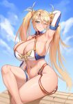  1girl absurdres arm_up bare_shoulders bikini blonde_hair blue_bikini blue_eyes blue_gloves blue_sky blush bradamante_(fate) bradamante_(third_ascension)_(fate) braid breasts cleavage crossed_bangs crown_braid curvy day elbow_gloves fate/grand_order fate_(series) gloves gold_trim hair_between_eyes highleg highleg_bikini highres huge_breasts jingb_dx long_hair looking_at_viewer navel one_eye_closed sitting sky smile solo stomach swimsuit thick_thighs thighs twintails two-tone_bikini two-tone_gloves very_long_hair white_bikini white_gloves wide_hips 
