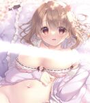  1girl :d areola_slip blurry blurry_foreground bow bow_bra bra bra_pull breasts brown_eyes brown_hair censored clothes_pull commentary_request depth_of_field flower frilled_pillow frills groin hair_between_eyes jacket light_censor long_sleeves looking_at_viewer medium_breasts navel open_clothes open_shirt original out-of-frame_censoring pillow pink_bra purple_jacket shirt sleeves_past_wrists smile solo underwear upper_body white_flower white_shirt yukie_(peach_candy) 
