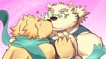  2boys ^^^ animal_ears bad_id bad_twitter_id bara bear_boy bear_ears blush closed_eyes couple cu_sith_(housamo) dog_boy fawn2661 furry furry_male furry_with_furry heart holding_hands interlocked_fingers kiss leib_(housamo) light_blush male_focus multiple_boys plump surprise_kiss surprised tokyo_afterschool_summoners upper_body yaoi 