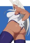  1girl animal_ears ass bare_shoulders blue_background boku_no_hero_academia breasts dark-skinned_female dark_skin from_behind fur_collar gloves highleg highleg_leotard highres kritta88 large_breasts leotard leotard_pull letterboxed long_eyelashes long_hair looking_at_viewer mirko parted_bangs pulled_by_self purple_thighhighs rabbit_ears rabbit_girl rabbit_tail red_eyes sleeveless_turtleneck_leotard solo tail tail_through_clothes taut_leotard thick_thighs thighhighs thighs toned twisted_torso very_long_hair white_gloves white_hair white_leotard 